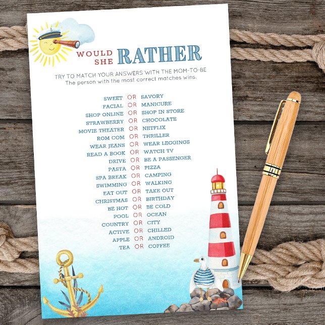 Nautical Baby Shower Would She Rather Game (Would she rather game card from my Ahoy it's a boy Nautical Baby Shower collection)