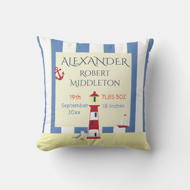 Nautical Baby Stats Boy Blue Stripes Cushion (Front)