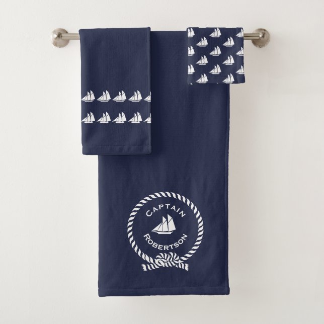Nautical bath custom name Captain Sailboat Bath Towel Set (Insitu)