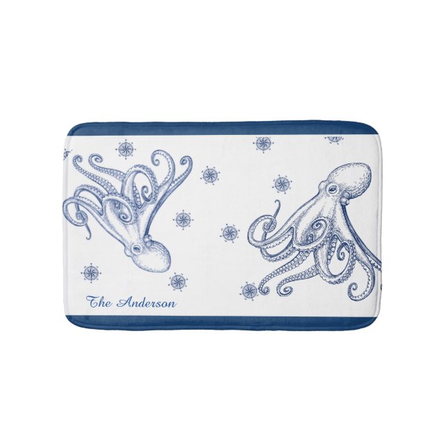  Nautical Bathroom Ocean Navy Blue Octopus  Bath Mat (Front)