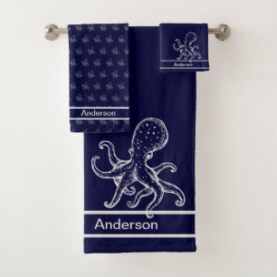 Nautical Bathroom Ocean Navy Blue Octopus Bath To Towel Set
