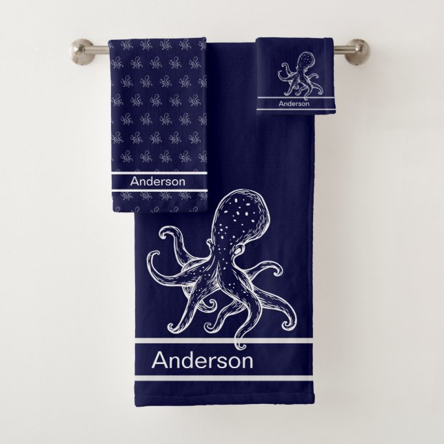  Nautical Bathroom Ocean Navy Blue Octopus Bath To Towel Set (Insitu)