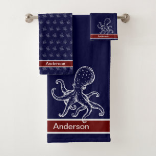  Nautical Bathroom Ocean Navy Blue Octopus  Bath Towel Set