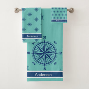  Nautical Bathroom Teal White Navy Blue Compass Bath Towel Set
