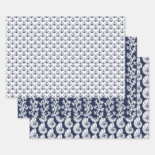 Nautical Beach Anchors Coral Shell Navy Blue White Wrapping Paper Sheet