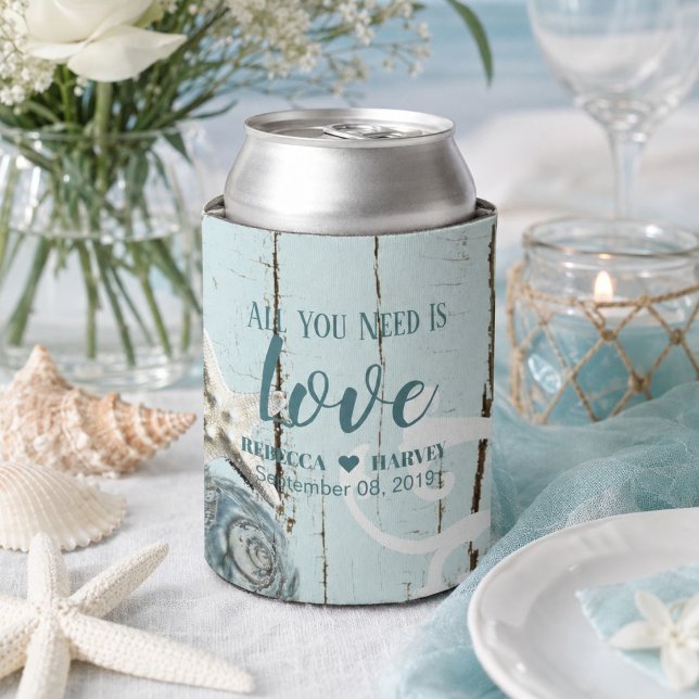 nautical beach aqua blue seashell starfish wedding can cooler (nautical beach aqua blue seashell starfish wedding can cooler)