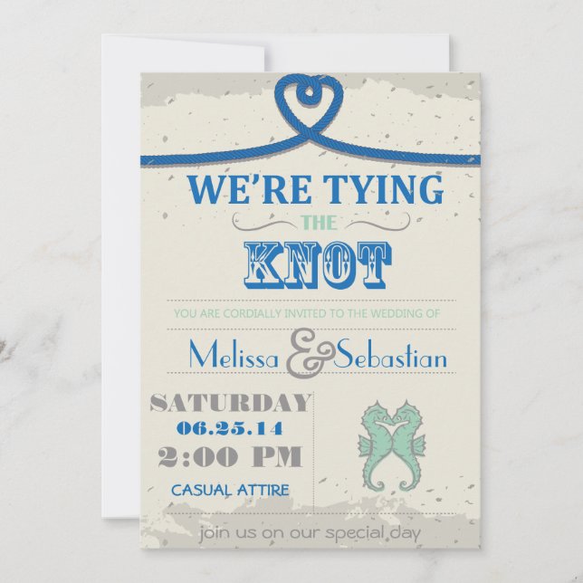 Nautical Beach Blue Heart Knot  Wedding Invite (Front)