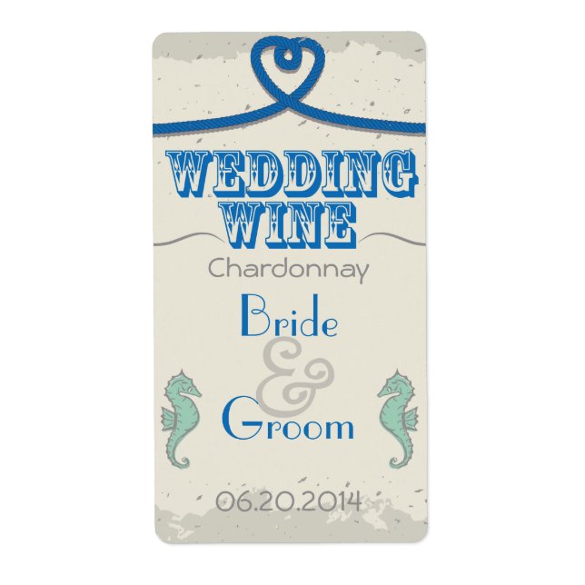 Nautical Beach Blue Heart Knot Wedding Wine (Front)