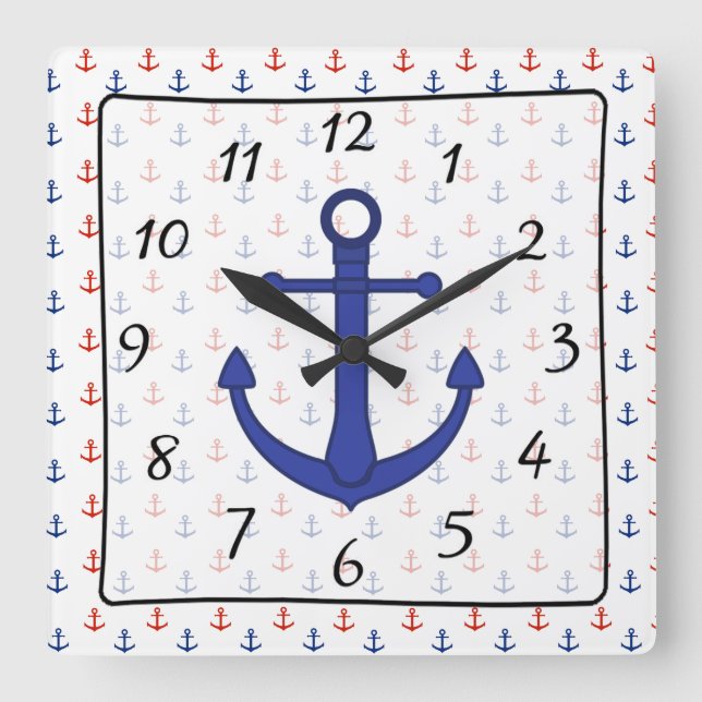 Nautical  Beach blue red Anchor Clock (Front)