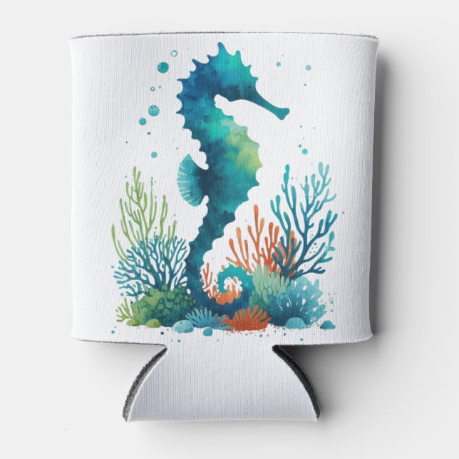 nautical/beach/coastal seahorse art can cooler (Front)