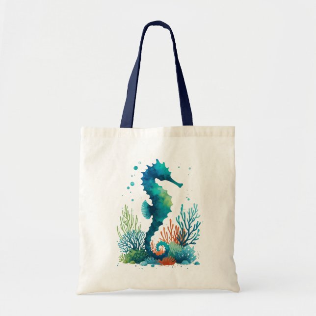 nautical/beach/coastal seahorse art tote bag (Front)