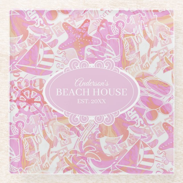 Nautical Beach Collage Hot Pink ID840 Glass Coaster (Front)