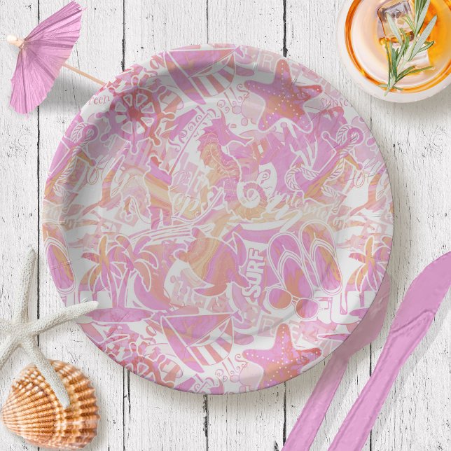 Nautical Beach Collage Hot Pink ID840 Paper Plate (Creator Uploaded)