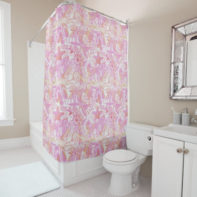 Nautical Beach Collage Hot Pink ID840 Shower Curtain (In Situ)