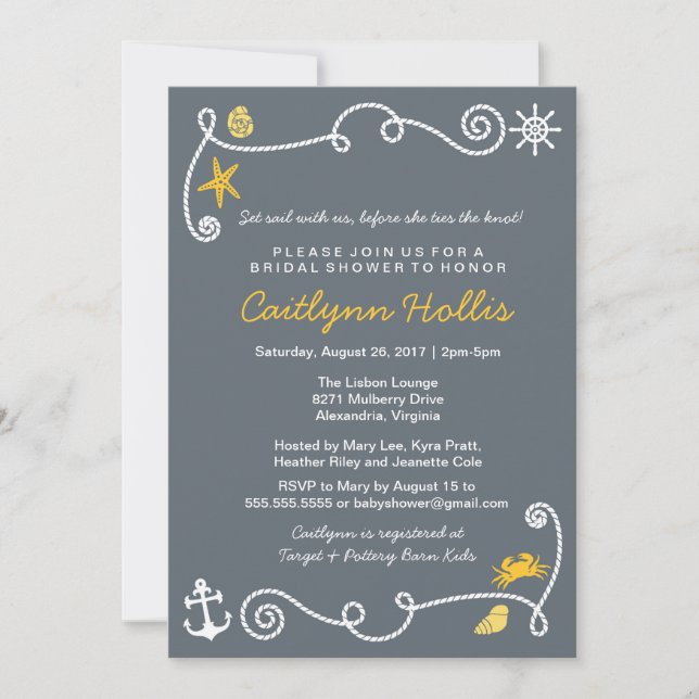 Nautical Beach Grey & Yellow Bridal or Baby Shower Invitation