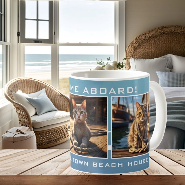 Nautical Beach House Cat Photo Coffee Mug (Nautical cat photo mug in elegant blue and white with a wave and sparkle design - beach house)