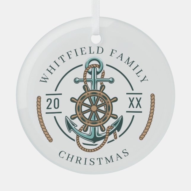 Nautical Beach House Family Christmas Holidays Glass Tree Decoration (Front)