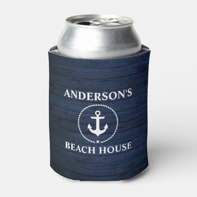 Nautical Beach House Family Name Anchor Blue Wood Can Cooler (Can Front)