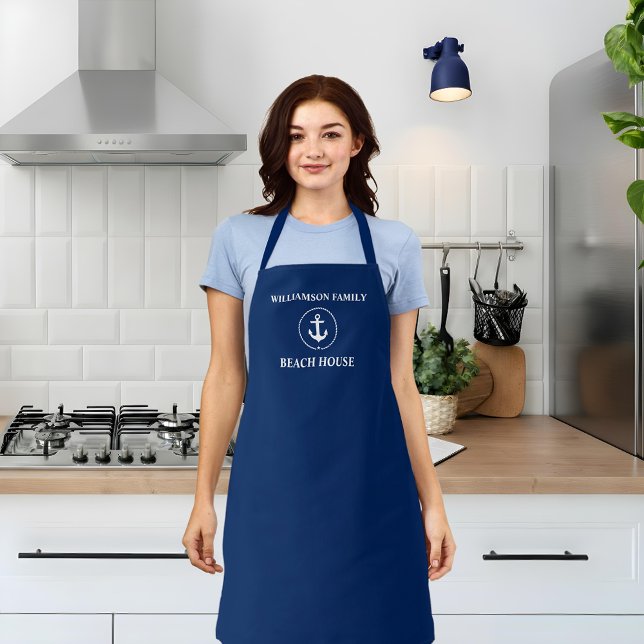Nautical Beach House Family Name Anchor Navy Blue Apron (Customize to change background color.)