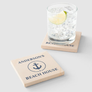 Nautical Beach House Family Name Blue Anchor Stone Coaster
