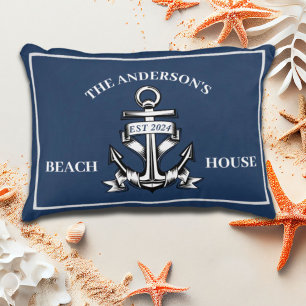 Nautical  Beach House Family Name Est Ship Anchor  Decorative Cushion