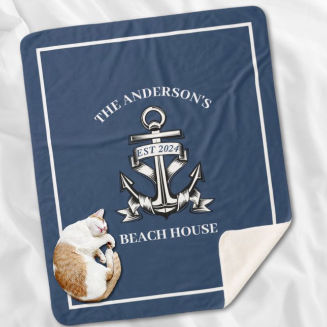 Nautical  Beach House Family Name Est Ship Anchor  Sherpa Blanket (Nautical Beach House Family Name Est Ship Anchor Sherpa Blanket)