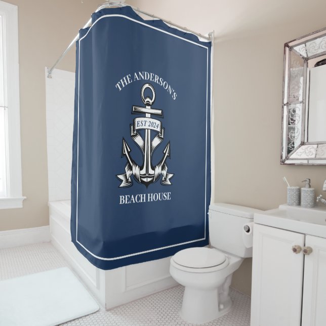 Nautical  Beach House Family Name Est Ship Anchor  Shower Curtain (In Situ)