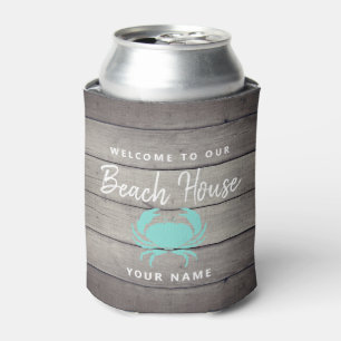 Nautical Beach House Rustic Teal Crab Personalised Can Cooler