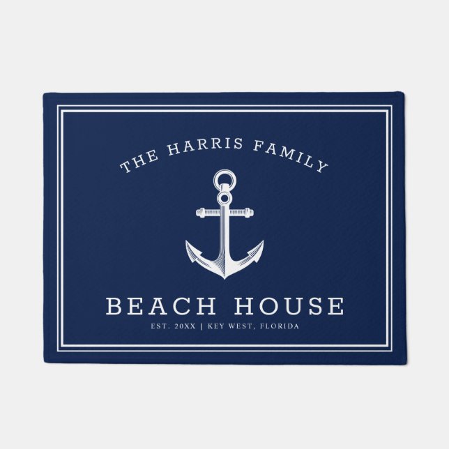 Nautical  Beach House | Welcome Navy and White Doormat (Front)
