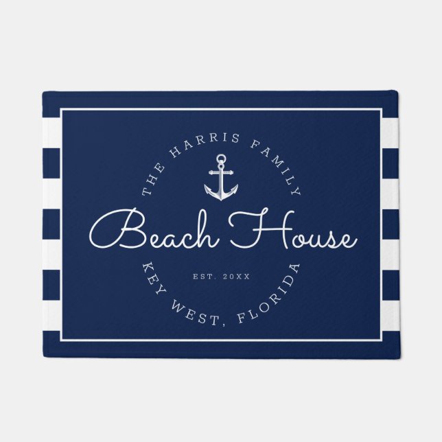 Nautical Beach House Welcome Navy Stripes Doormat (Front)