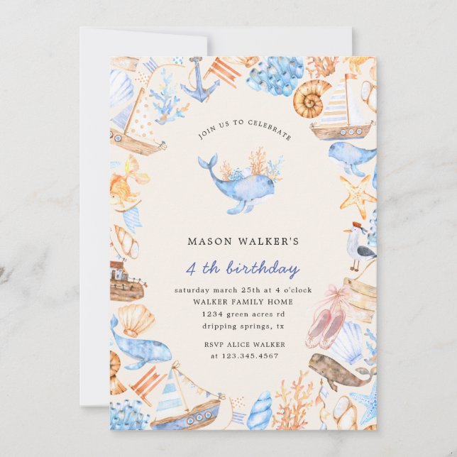 nautical beach kids birthday invitation (Front)