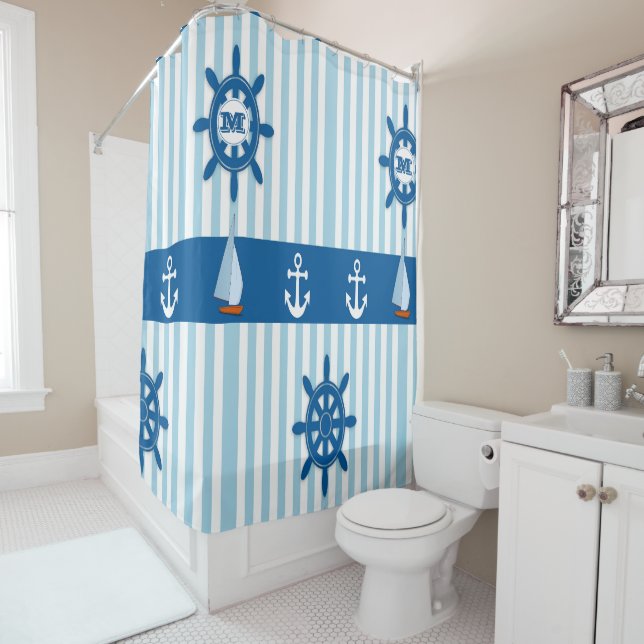 Nautical Beach Monogram Anchor Blue White Stripe Shower Curtain (In Situ)