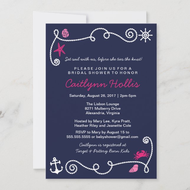 Nautical Beach Navy and Pink Bridal or Baby Shower Invitation (Front)