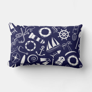 Nautical Beach Navy Blue White Sailor Lighthouse Lumbar Cushion