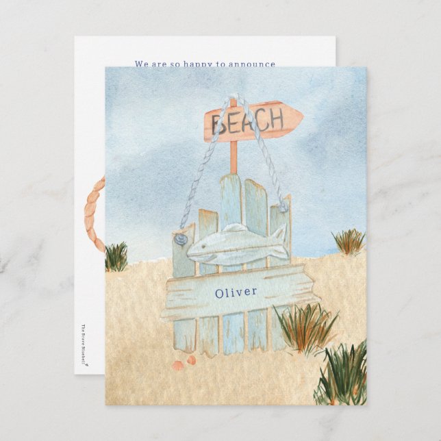 Nautical Beach Ocean Lifebuoy Birth Announcement (Front/Back)