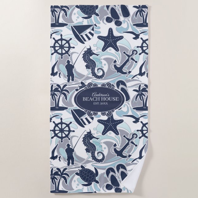 Nautical Beach Pattern Navy ID839 Beach Towel (Front)