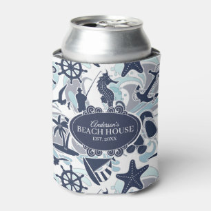 Nautical Beach Pattern Navy ID839 Can Cooler