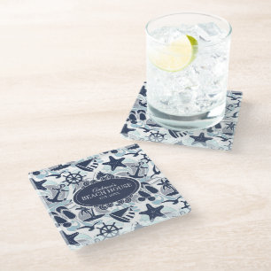 Nautical Beach Pattern Navy ID839 Glass Coaster