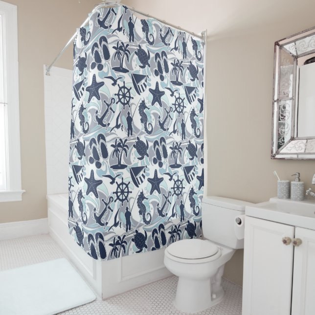 Nautical Beach Pattern Navy ID839 Shower Curtain (In Situ)