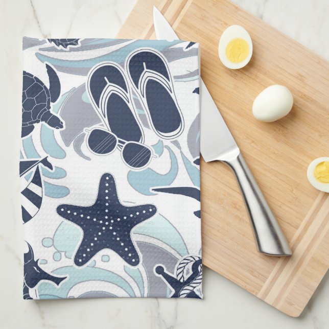 Nautical Beach Pattern Navy ID839 Tea Towel (Quarter Fold)