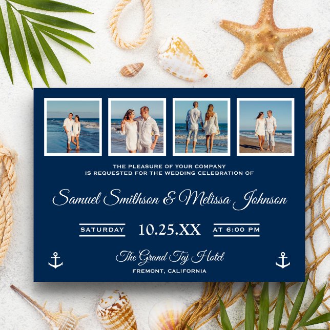 Nautical Beach Photos Navy Blue Wedding Invitation (Creator Uploaded)