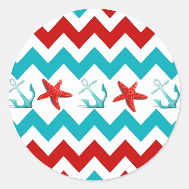 Nautical Beach Red Teal Chevron Anchors Starfish Classic Round Sticker (Front)