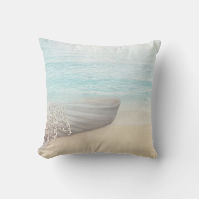 Nautical Beach Scene with Rowboat & Fishing Net Cushion (Front)