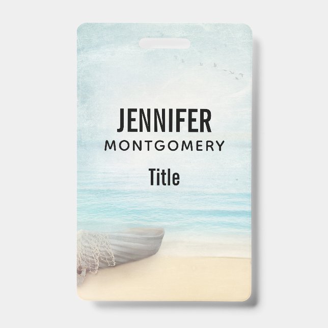 Nautical Beach Scene with Rowboat & Fishing Net ID Badge (Front)