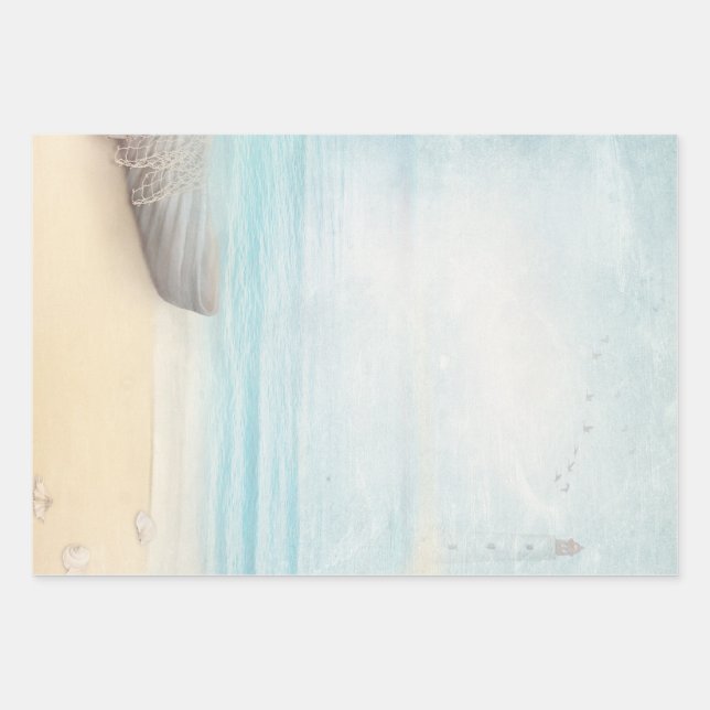 Nautical Beach Scene with Rowboat & Fishing Net Wrapping Paper Sheet (Front)