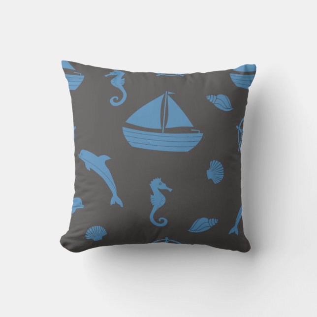 Nautical Beach Seahorse and Shells Cushion (Front)