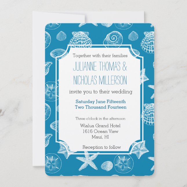 Nautical Beach Shells Aqua White Wedding Invitation (Front)