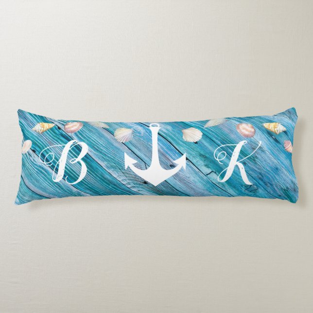 Nautical Beach Shells Monogrammed Blue Wood Body P Body Cushion (Front)