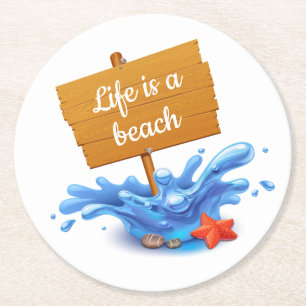 Nautical Beach Sign Waves Blue Wedding Party Round Paper Coaster