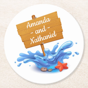 Nautical Beach Sign Waves Blue Wedding Party Round Paper Coaster